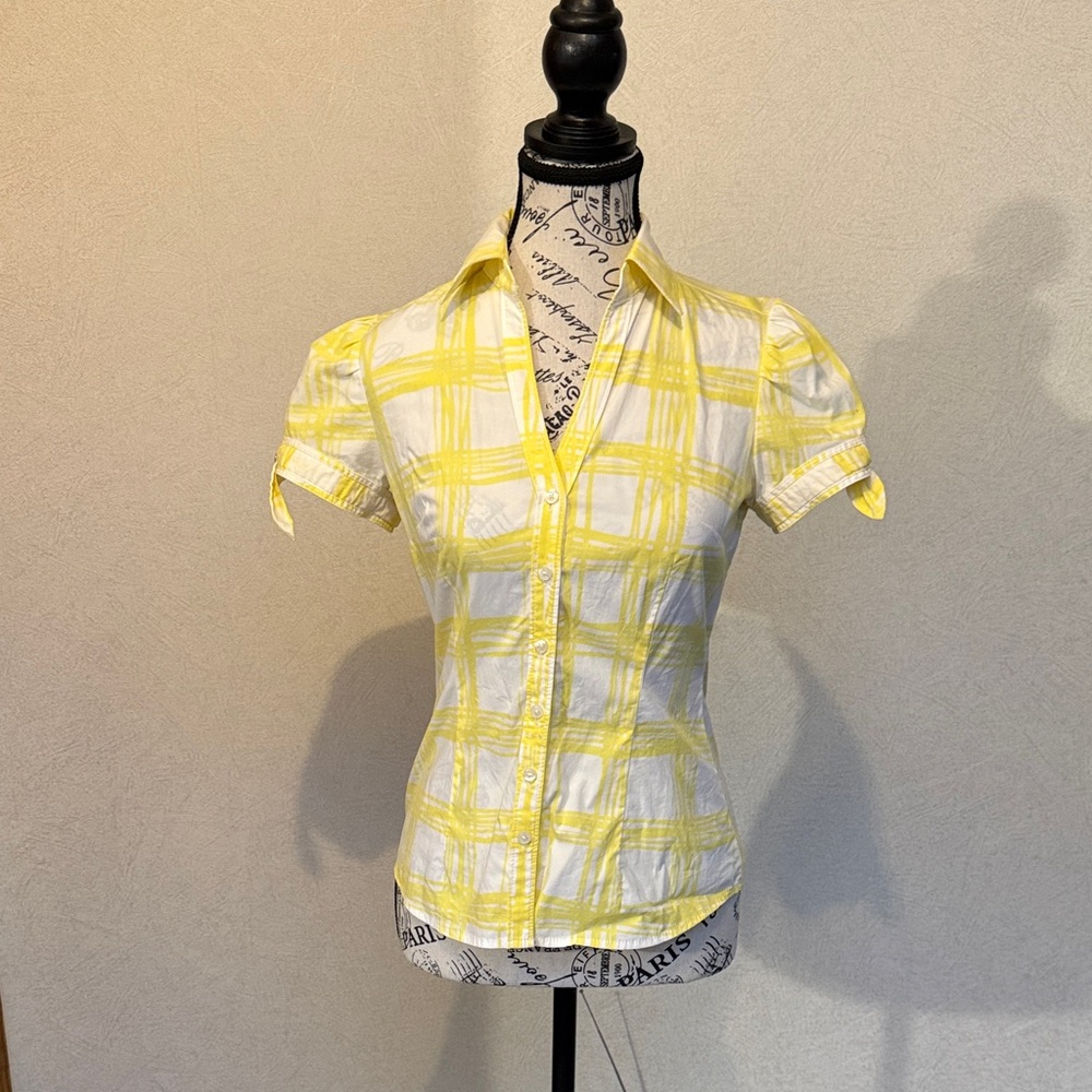 Express Yellow and White Plaid Button Down Shirt